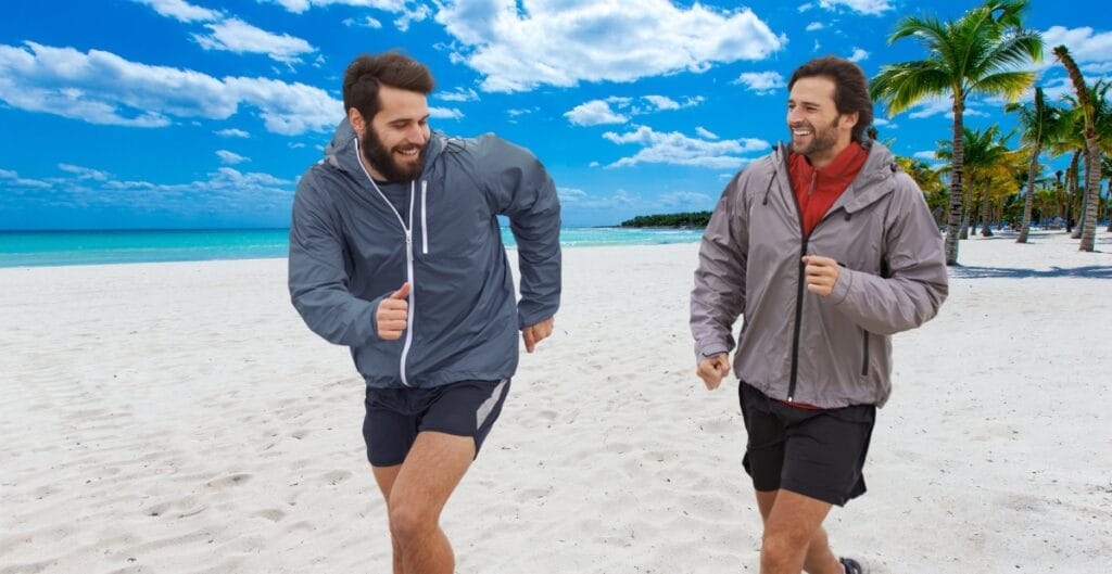 Person wearing a versatile workout jacket that enhances comfort and mobility during exercise, with breathable fabric and flexible seams.