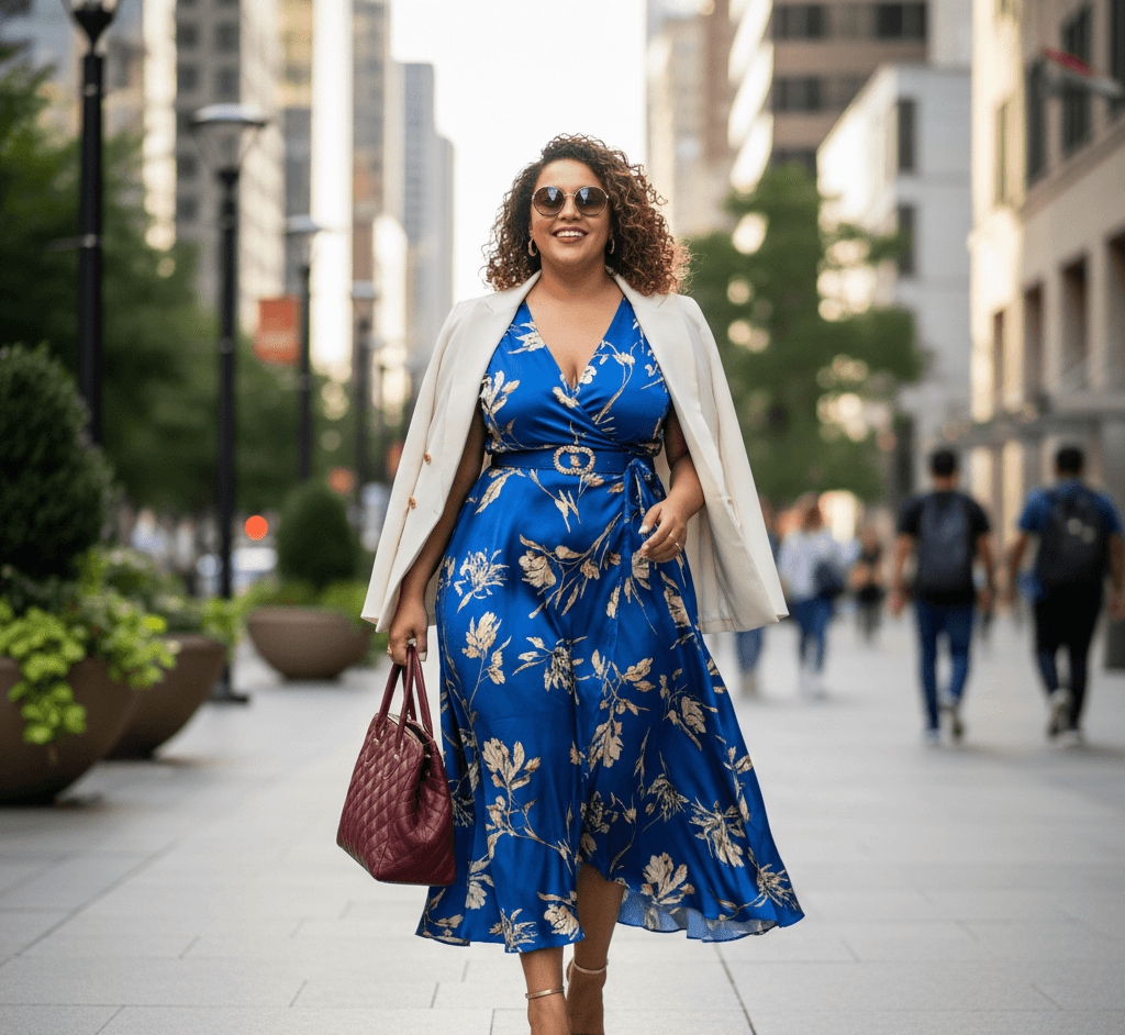 Plus-size woman wearing stylish designer outfit walking confidently in the city