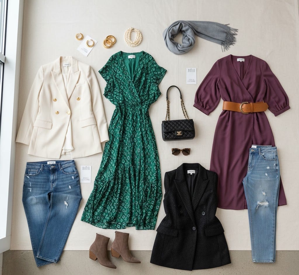 Collection of plus-size designer clothes and accessories arranged neatly on a rack