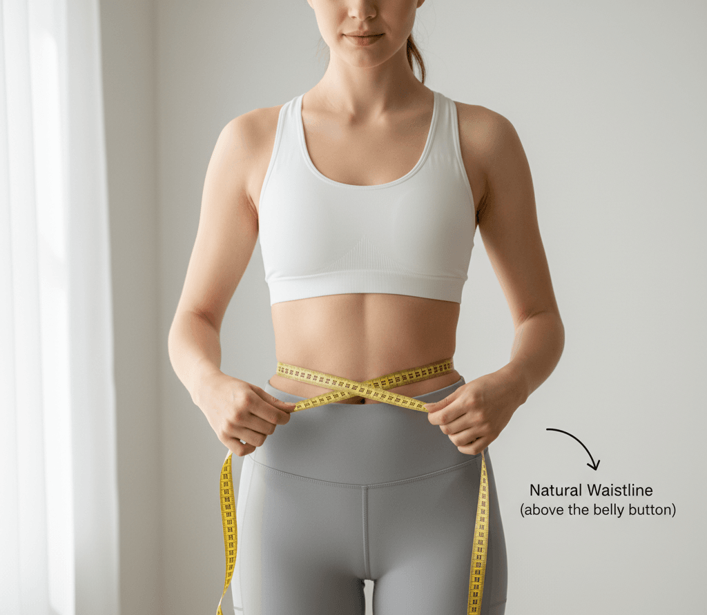 Woman using a measuring tape around her natural waistline for accurate waist measurement