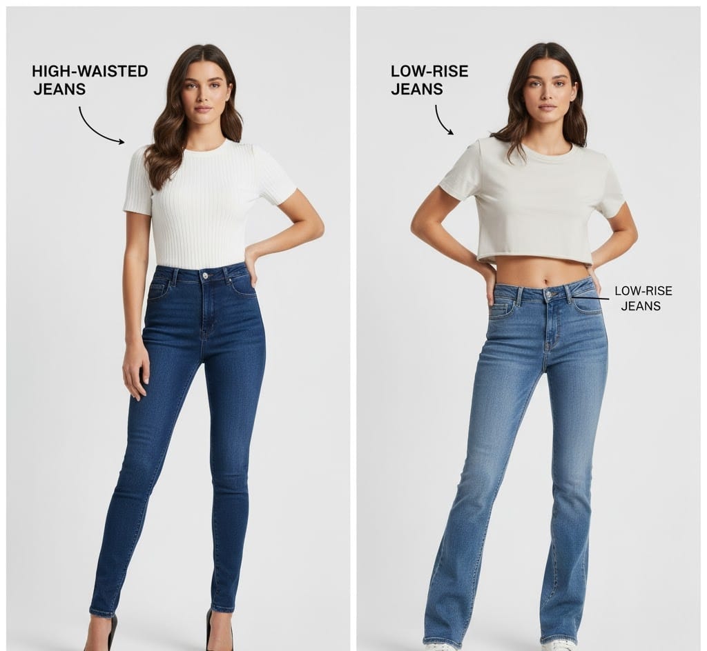 Side-by-side comparison of women wearing high-waisted and low-rise jeans to show different waist sizes of Women