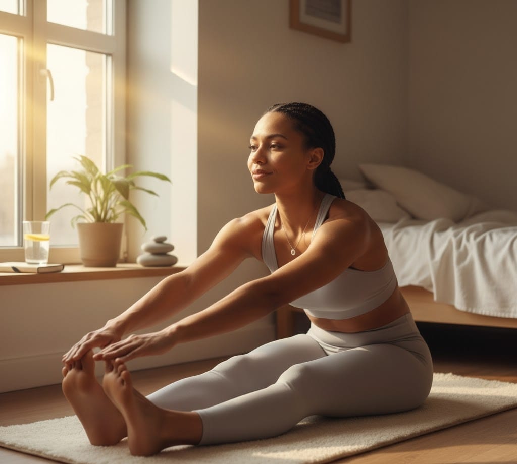 Woman stretching in bright room before workout for 28 inches waistline goals