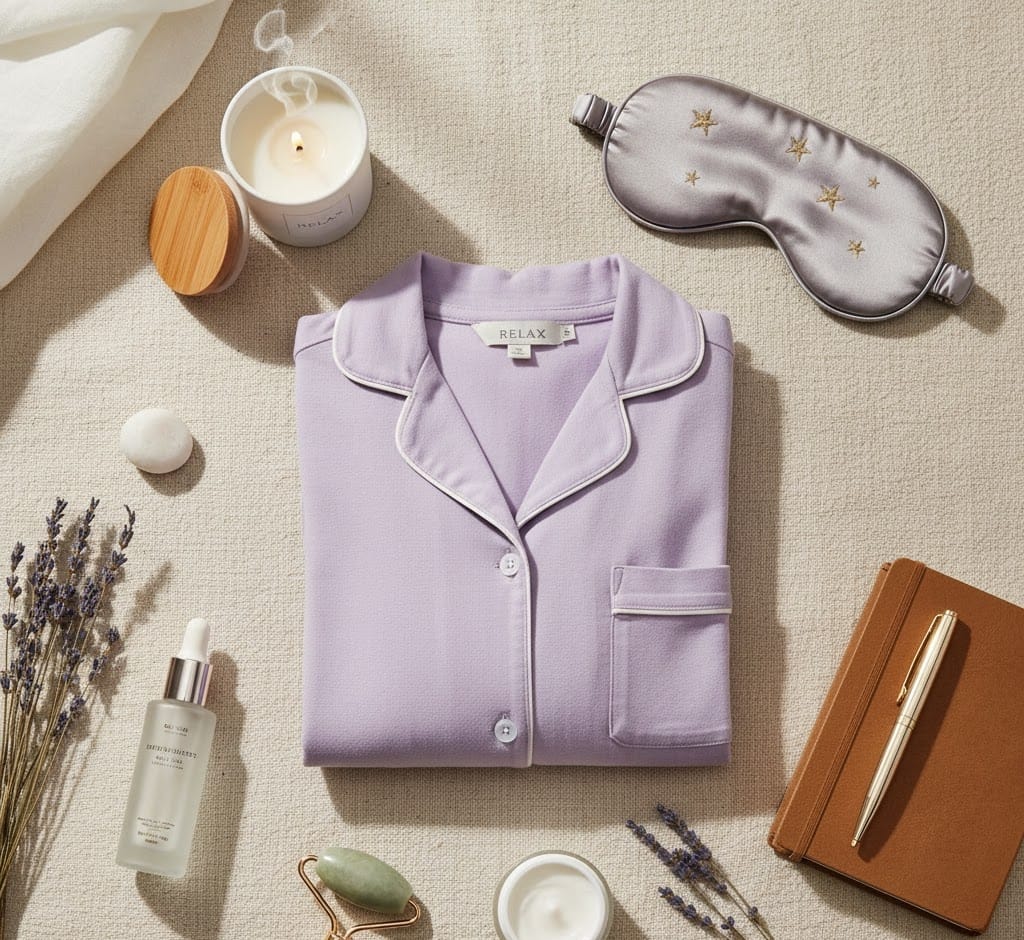 Flat lay of plus size PJ set with eye mask, candle, and skincare items