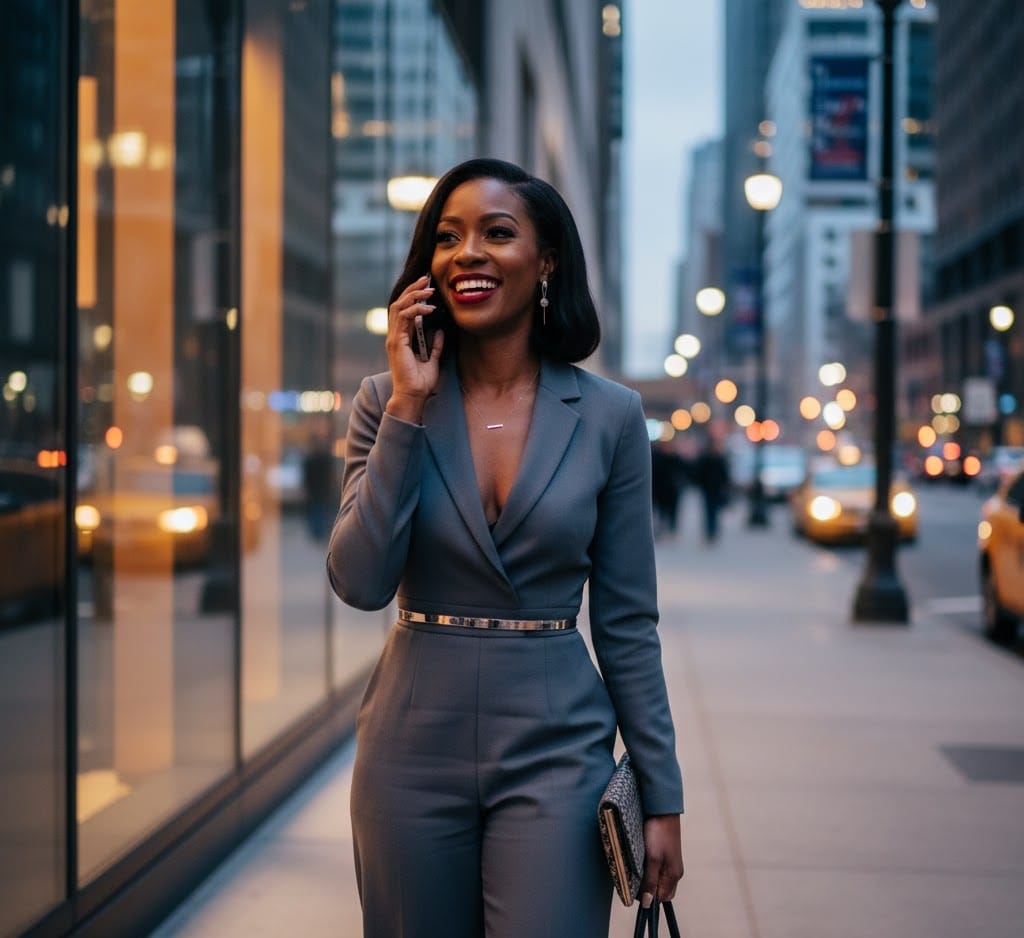 Woman in tailored pant dress transitioning from office to evening event