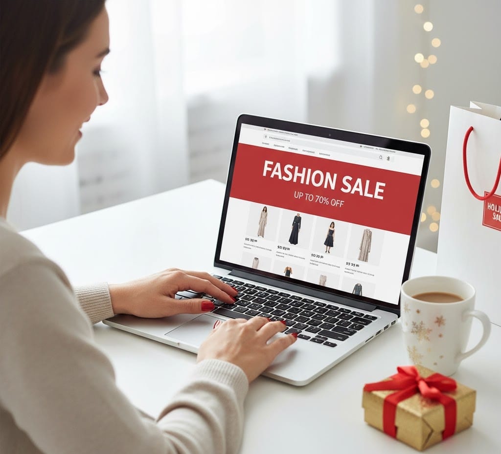 Woman browsing online Fashion Sale offers on a laptop with Christmas gifts on table.