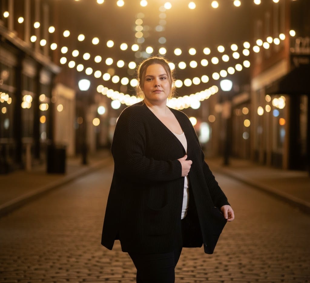 Plus size woman glowing under café lights wearing elegant black cardigan