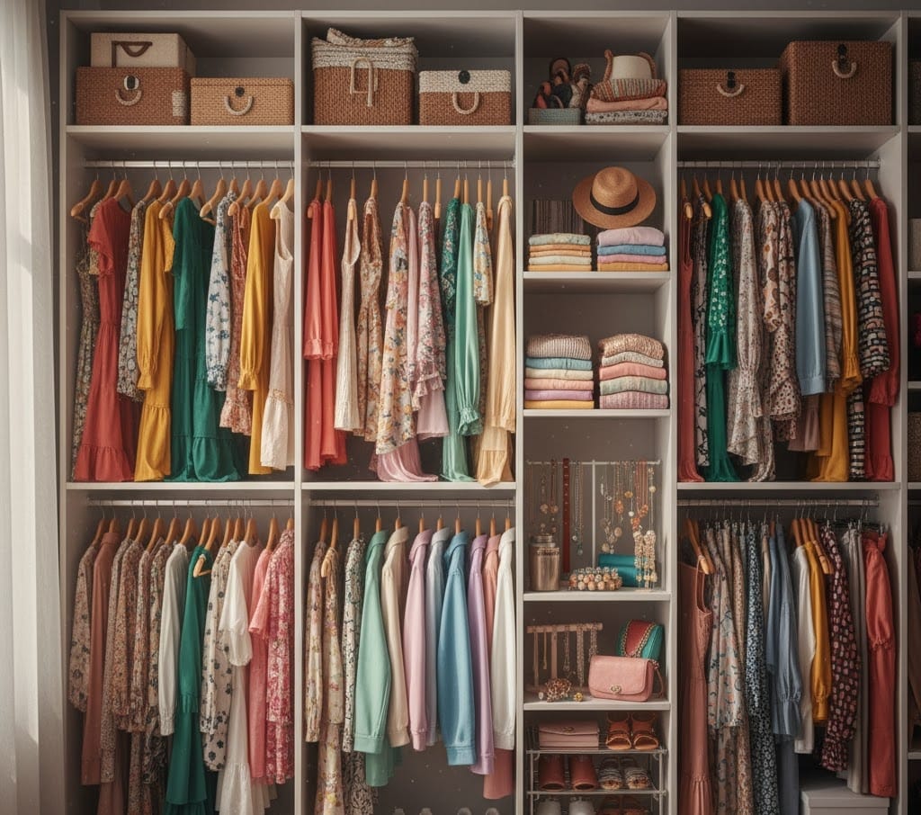 Colorful girls clothes neatly arranged in an open wardrobe.