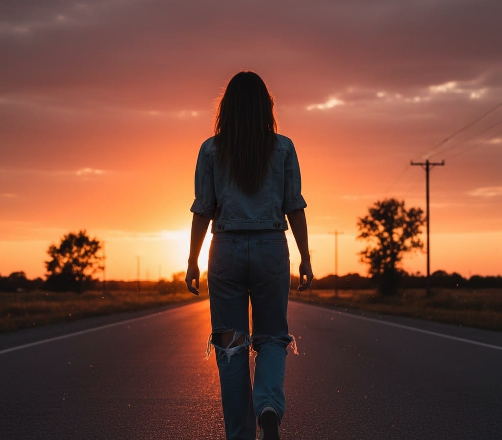 Silhouette of woman walking in denim short sleeve jacket at sunset.