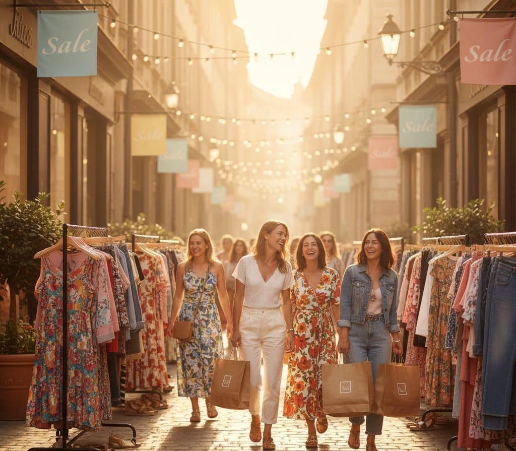 Happy shoppers enjoying a summer clearance sale in warm evening light