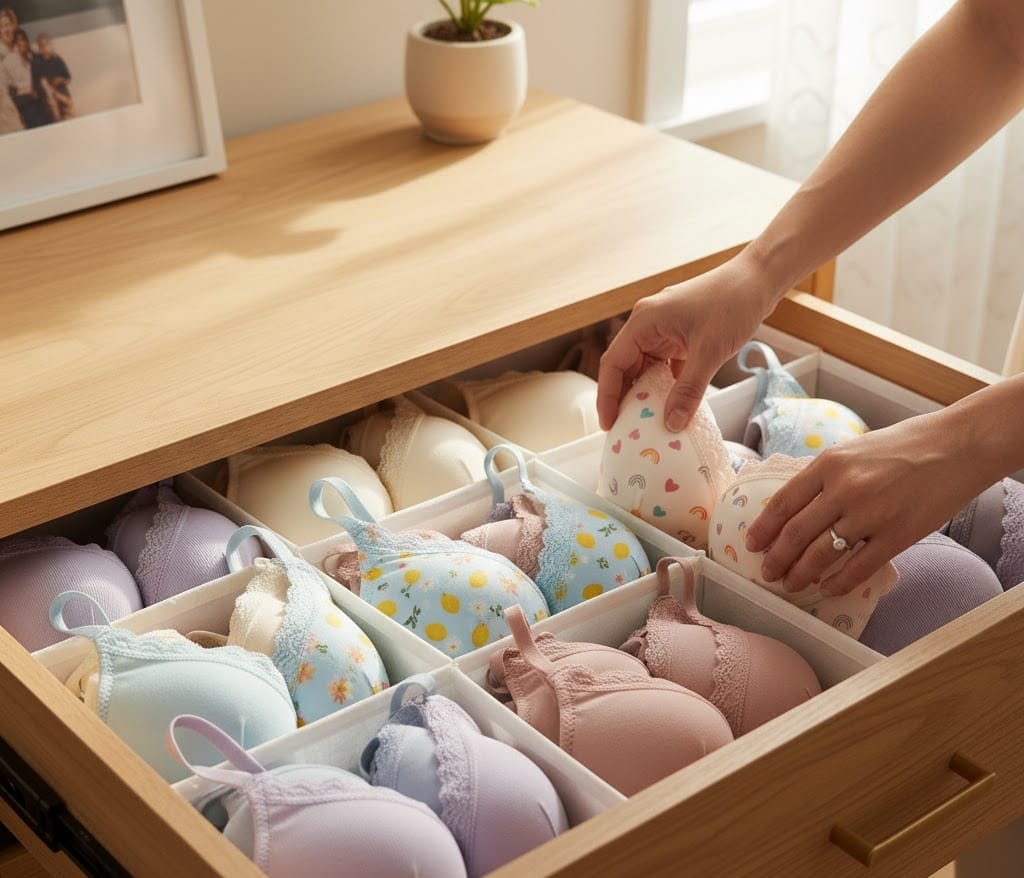 A woman’s hands gently organizing folded bras in a drawer, promoting hygiene and daily care.