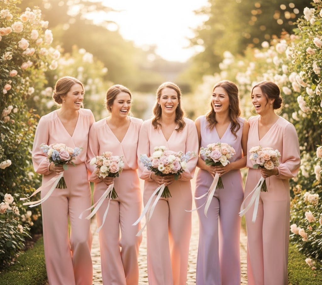 A group of bridesmaids dressed in pastel dressy slacks and flowy blouses, laughing outdoors.