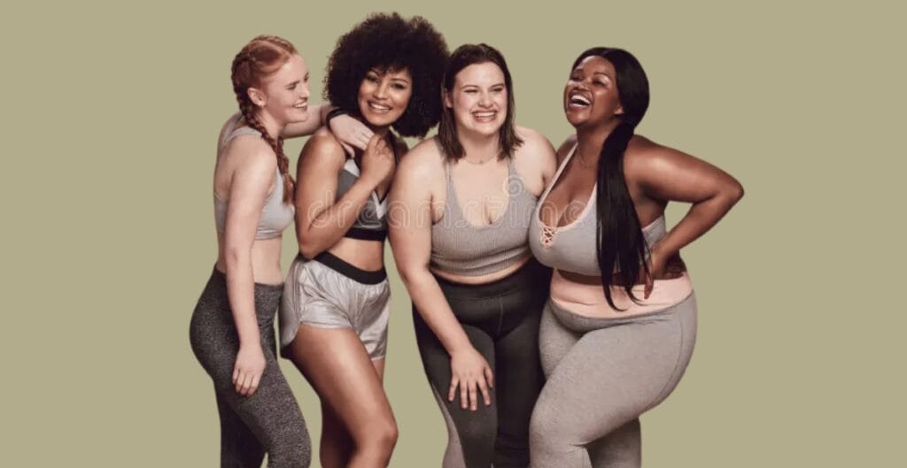 Image showing a diverse group of people, all wearing comfortable plus-size leggings in various colors and poses, smiling and posing confidently in a bright, casual studio.