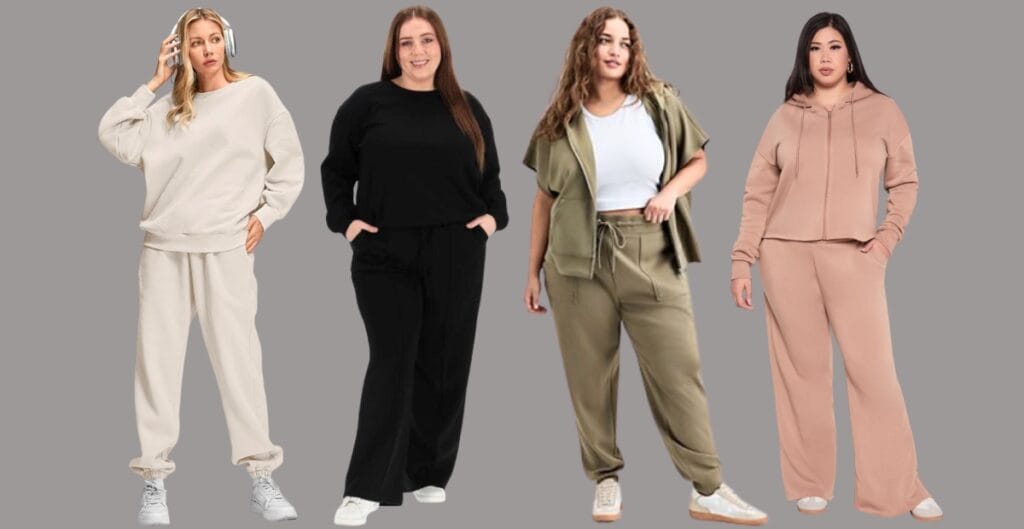 A stylish and comfortable plus-size sweatpants set displayed on a model, featuring a soft fleece hoodie and matching tapered sweatpants in a neutral taupe color, perfect for lounging or casual outings.