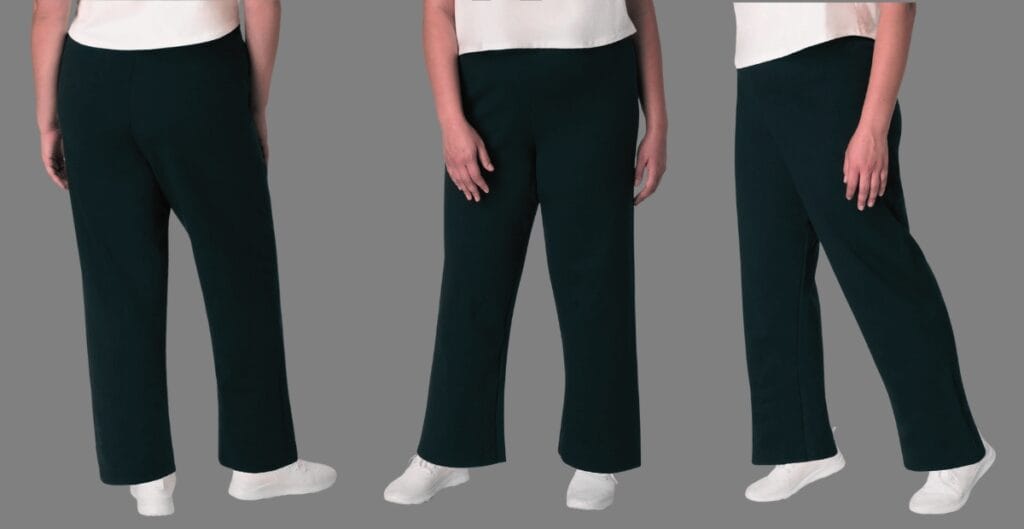 A diverse group of people wearing Just My Size sweat pants in different colors, standing together outdoors, showcasing comfortable fits and inclusive sizing.