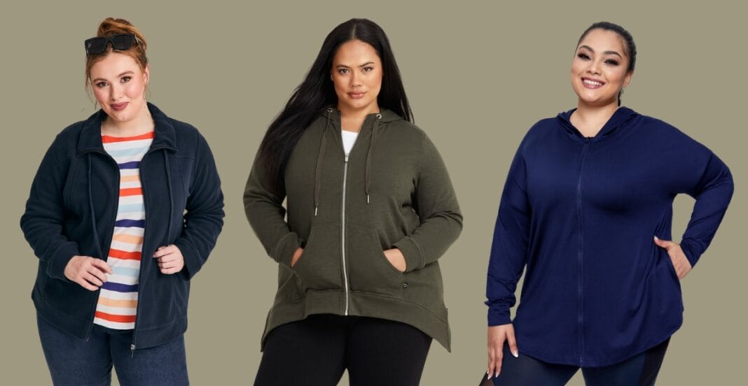 Plus-size athletic jacket designed for all-day comfort, featuring a soft inner lining, breathable fabric, and a relaxed fit with full-zip front and flexible cuffs.