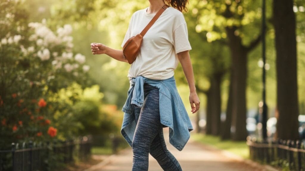 Woman wearing stylish legging brands and sneakers walking outdoors in natural light