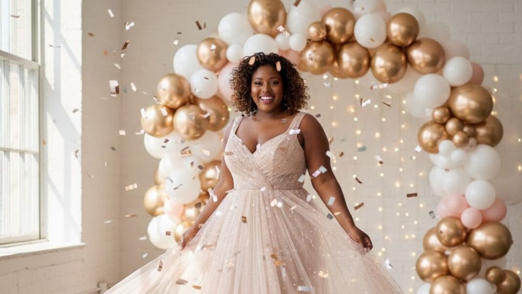 Radiant Plus-Size Woman Celebrating Her Birthday in Style Plus-size woman in a flowing pink birthday dress smiling with balloons and confetti around her.