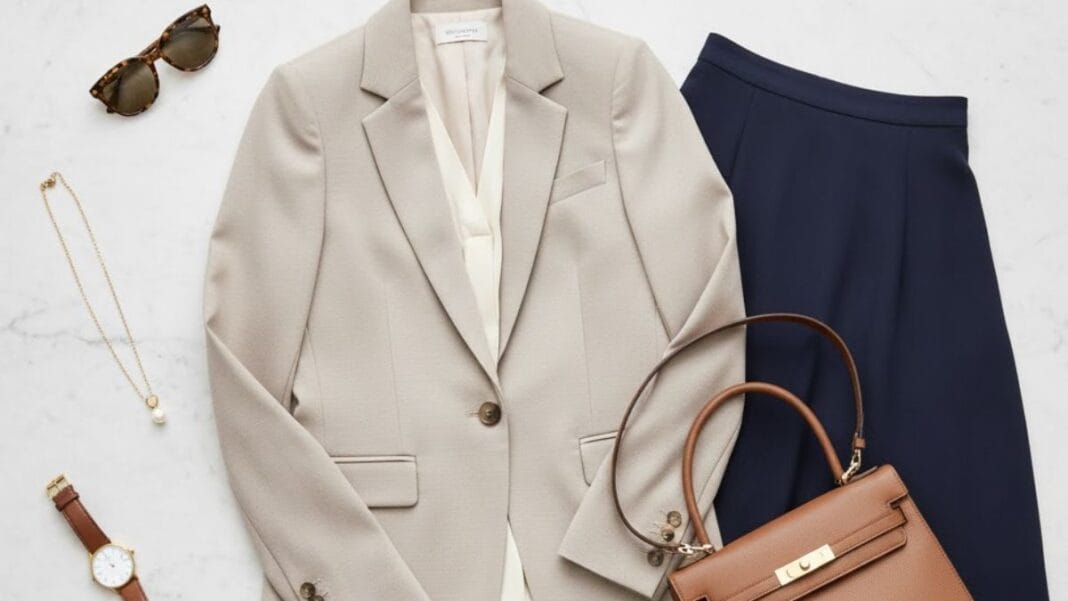 Chic Wardrobe Staples for Women Flat lay of elegant clothing essentials — blazer, silk blouse, midi skirt, and accessories.
