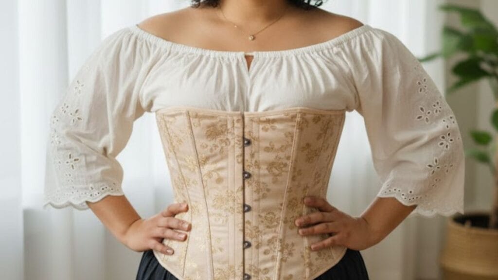Confident woman wearing a satin plus size corset