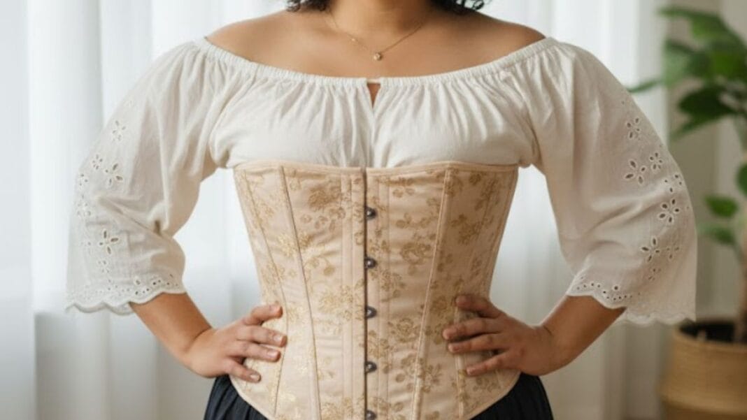 Confident Curvy Woman in Satin Plus Size Corset Confident woman wearing a satin plus size corset