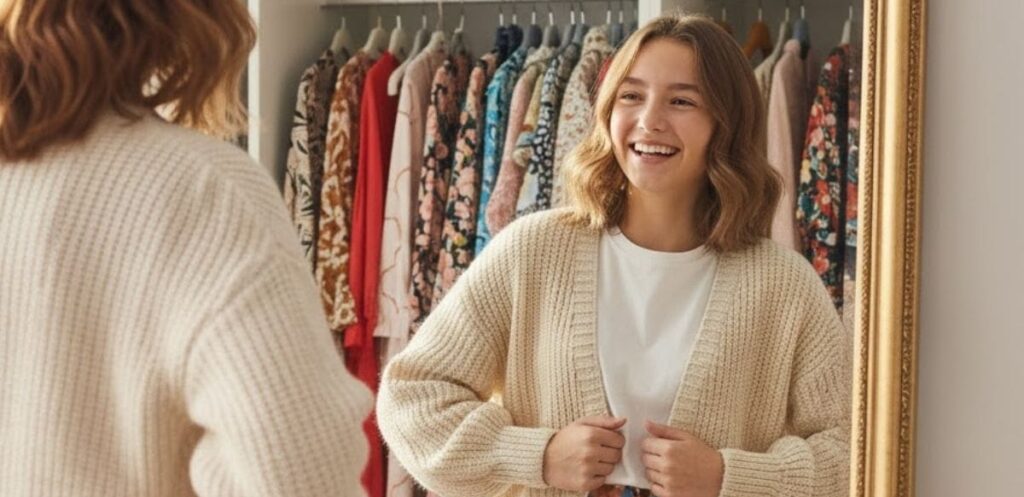 Girl smiling in front of mirror while trying on stylish outfit.