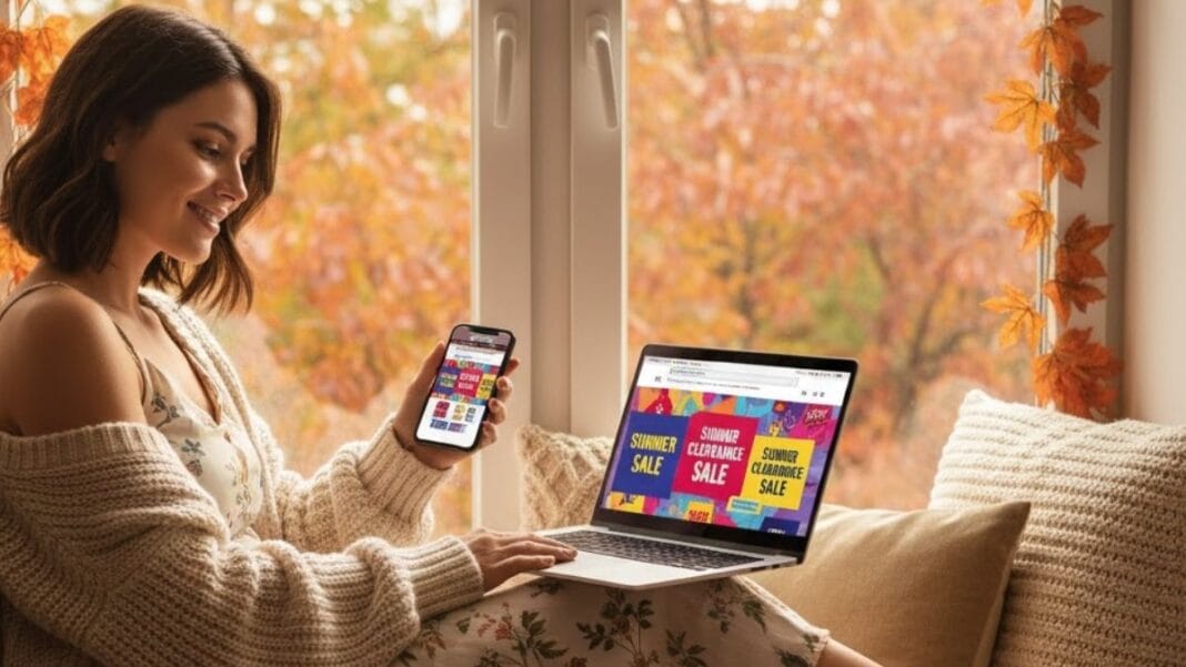 Smart Online Shopper Browsing Summer Clearance Deals Woman shopping online for summer clearance Sale during autumn season