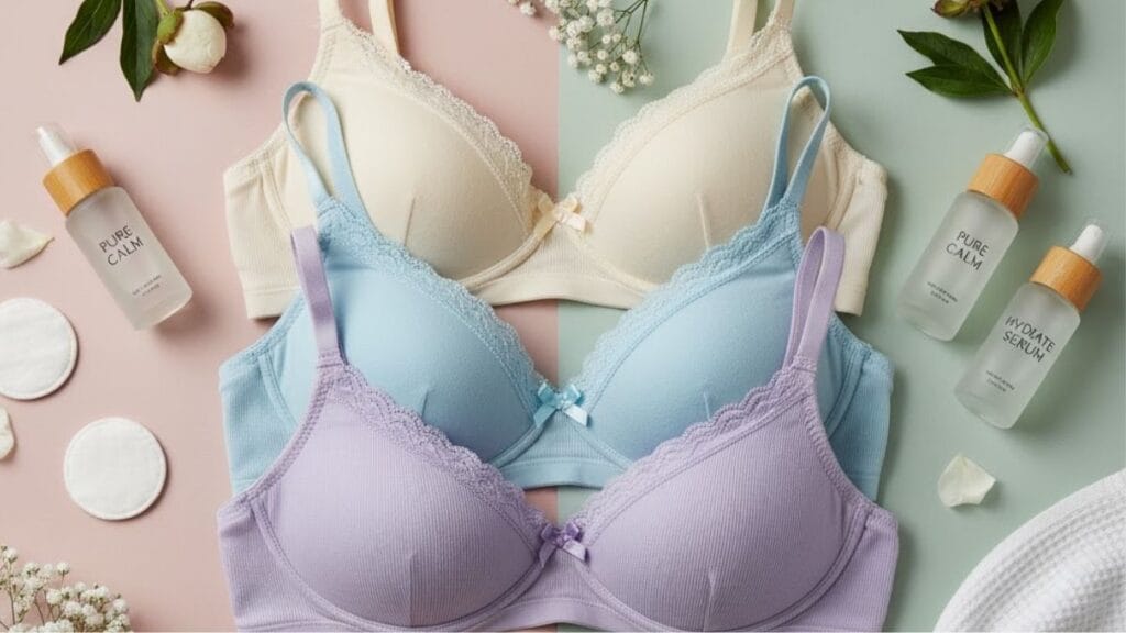 A flat lay of cute cotton bras in pastel colors arranged neatly on a clean background with flowers and skincare items.