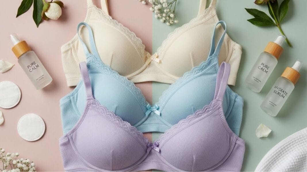 A flat lay of cute cotton bras in pastel colors arranged neatly on a clean background with flowers and skincare items.