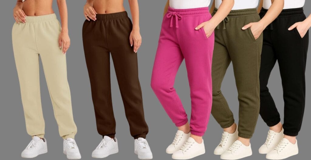 A person wearing Just My Size sweat pants styled for different settings: casual at a park, sporty at the gym, and relaxed at home, illustrating versatility in fit, color options, and layering with a jacket and sneakers.