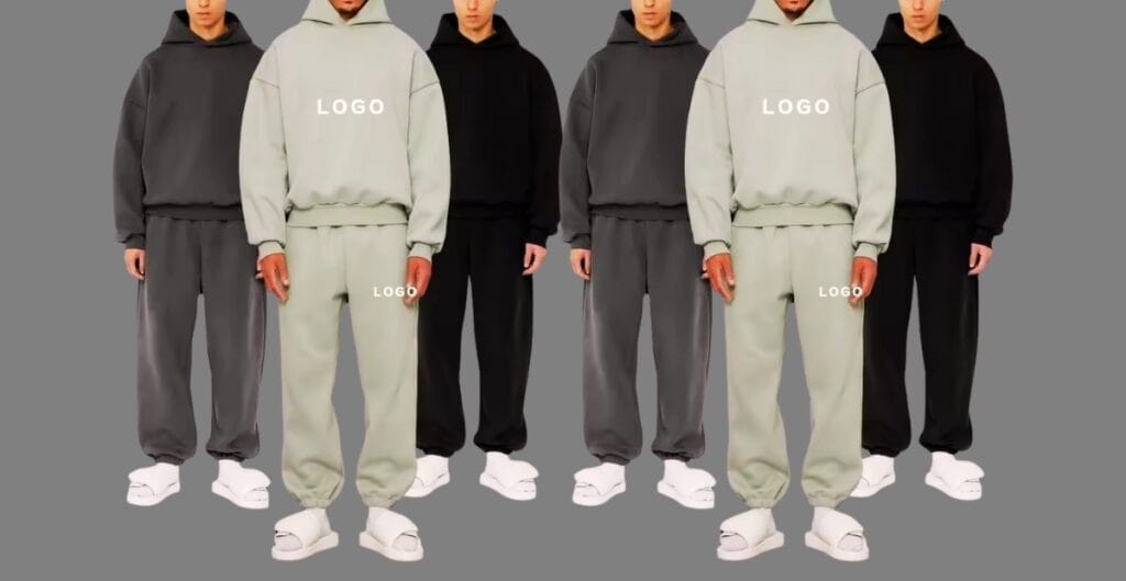 A collage-style image showing a woman wearing a Just My Size sweat suit in three different contexts: (1) casual lounge at home with soft lighting, (2) trendy street style on a city sidewalk with a denim jacket, sneakers, and sunglasses, and (3) a casual office or coworking space with blazer over the sweat suit and minimal accessories. The outfits demonstrate comfort, style, and versatility of the sweat suit across daily activities.
