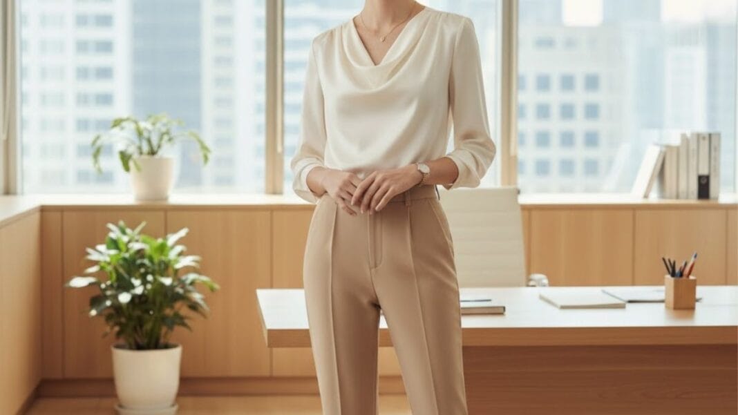 Elegant Woman in High-Waisted Formal Pants nfident woman wearing high-waisted female formal pants and a white blouse in a modern office.