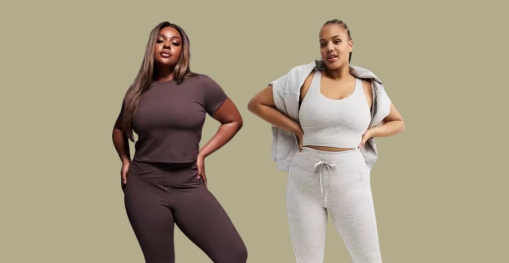 A vibrant collage of plus-size exercise tops in various colors and styles displayed on hangers and mannequins, with bold text reading “Best Plus Size Exercise Tops” in the background.