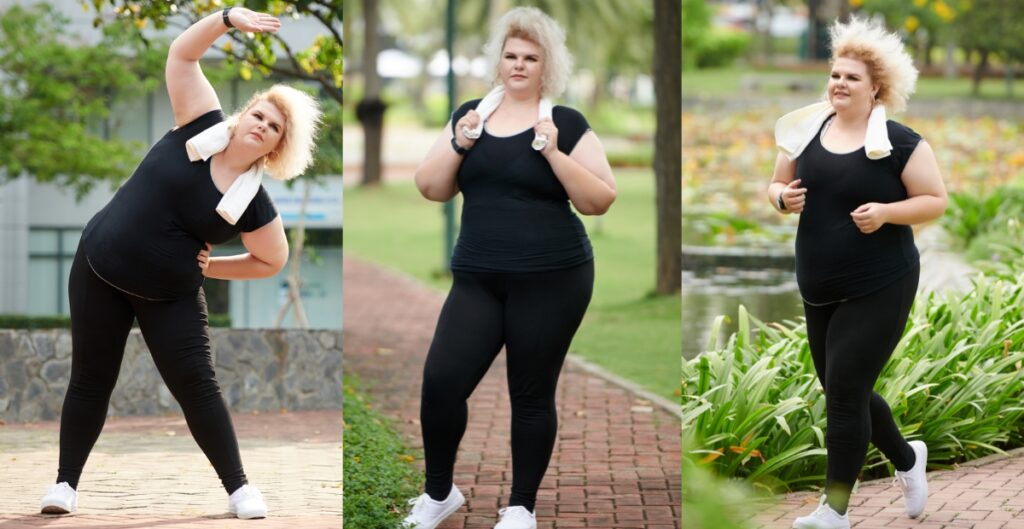 Curvy women in leggings posing and exercising outdoors, celebrating body positivity and active fashion
