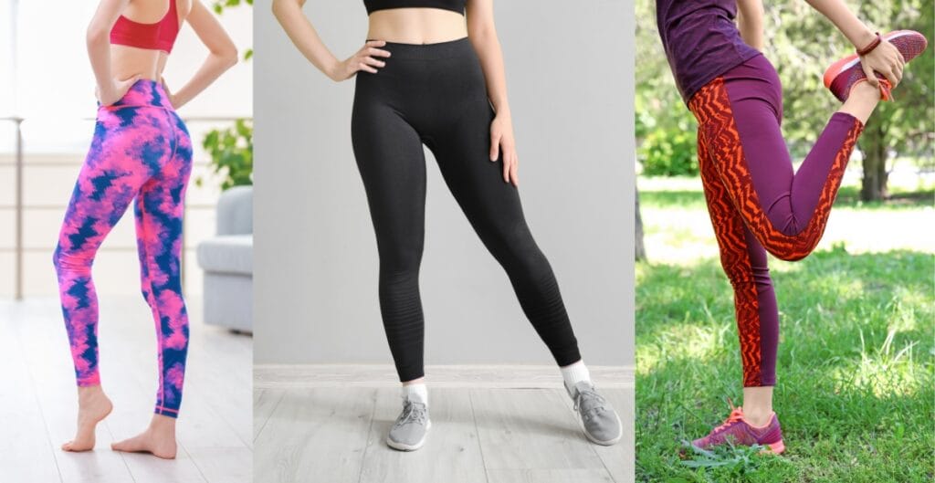 Females in leggings featuring vibrant patterns and athletic poses for fitness