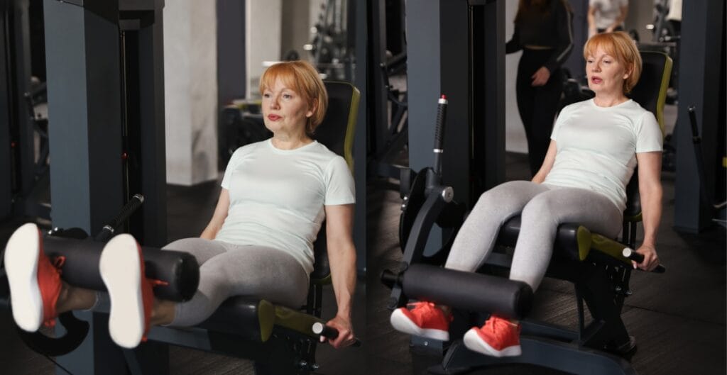 Senior woman wearing female workout leggings using gym leg press equipment