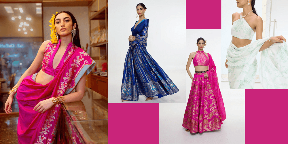 A collage of women wearing bright, traditional Indian saris and lehengas in pink, blue, and white, with floral embroidery and modern draping.