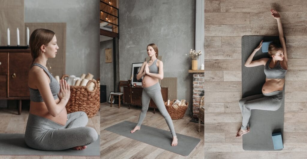 Pregnant woman practicing yoga in grey workout leggings