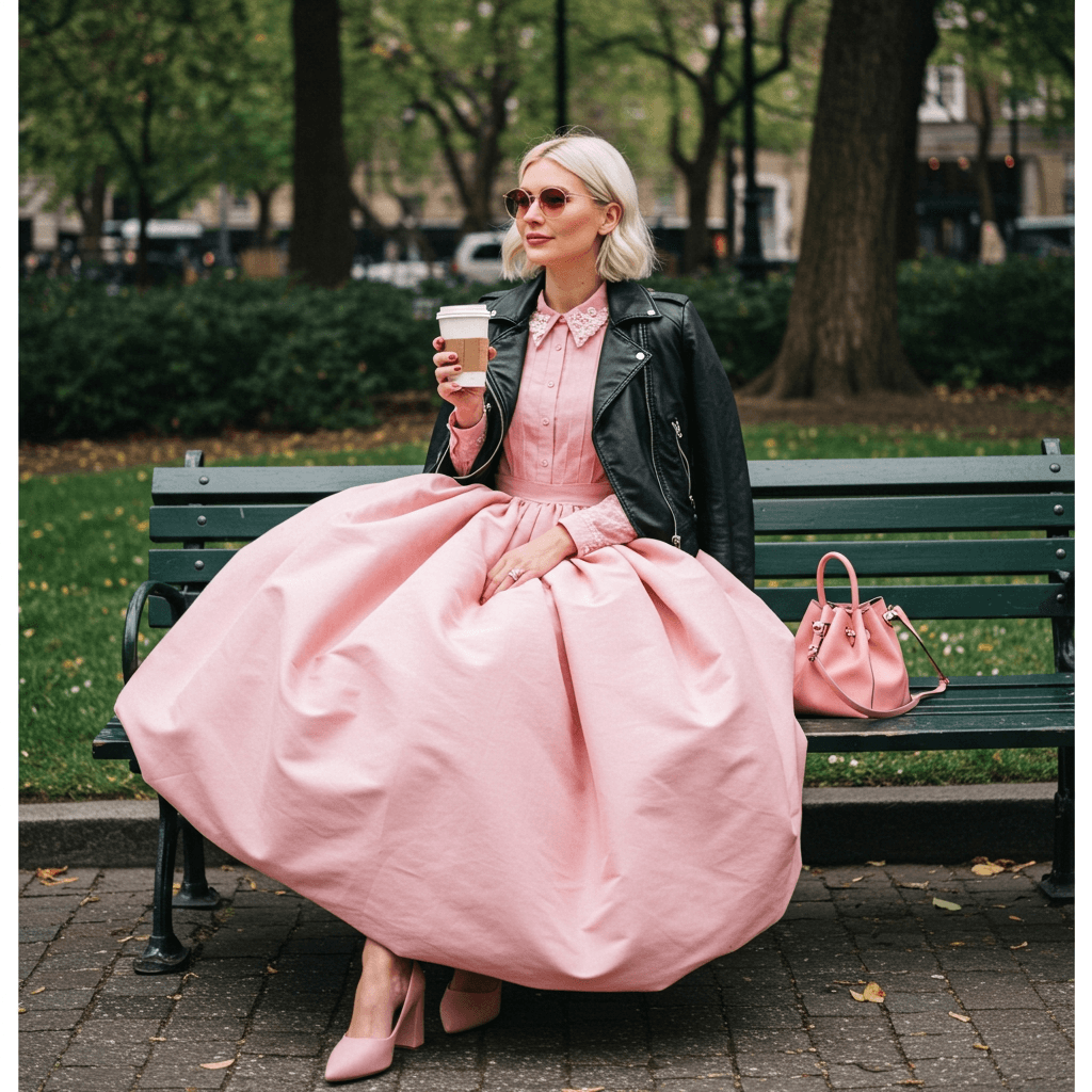 Casual styling of a big poofy dress with a leather jacket for a relaxed look."