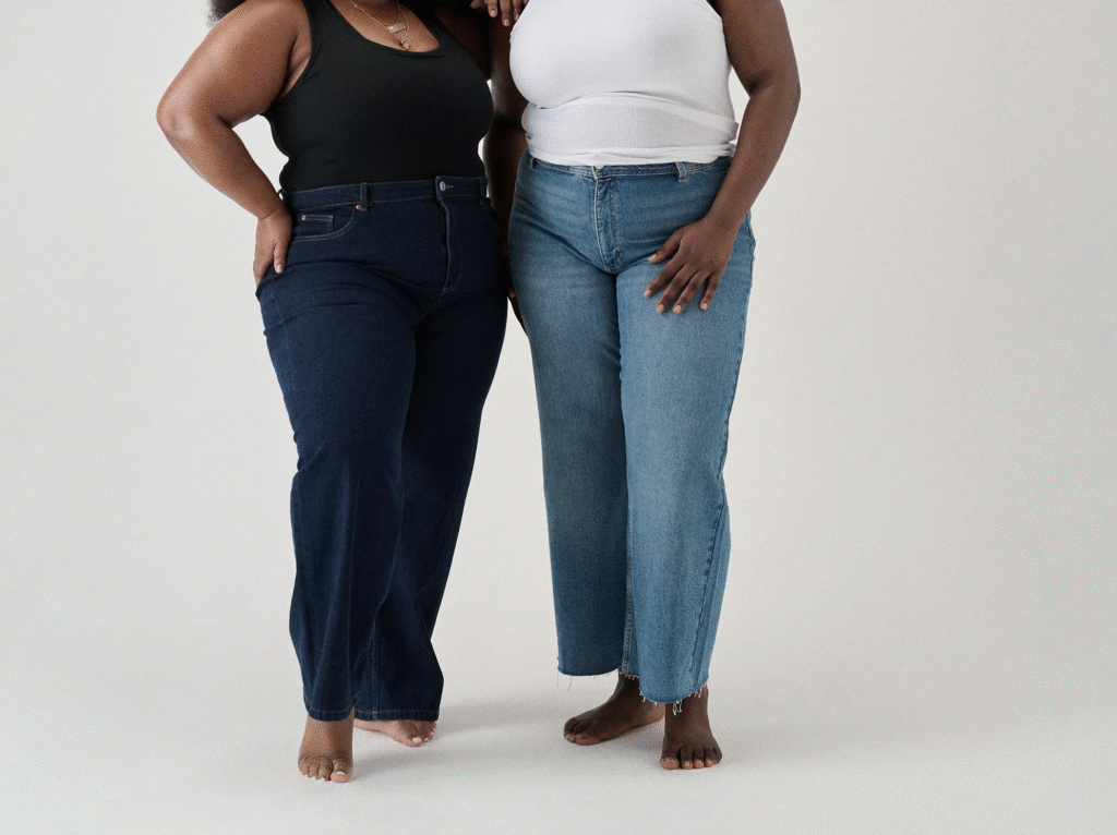 Woman styling plus-size long jeans for casual wear