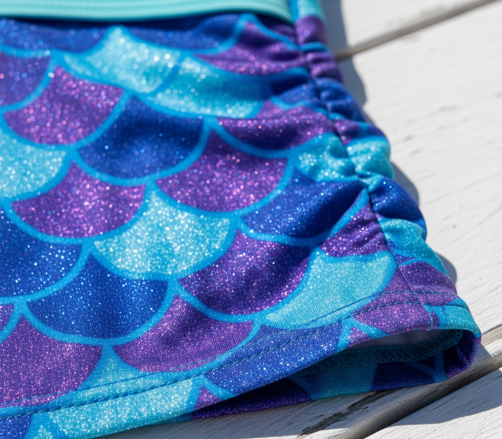 Close-up of Justice Tankini's fabric, adjustable straps, and built-in support