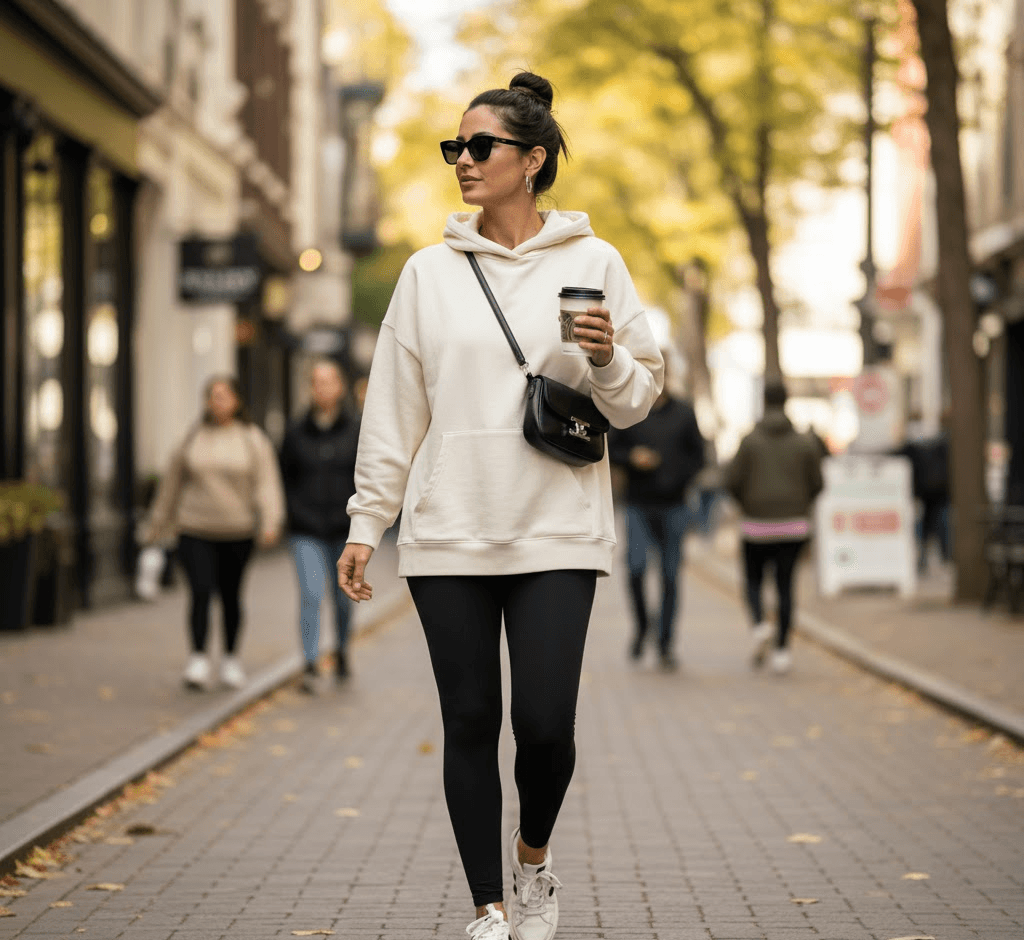 Casual street style with black gym leggings paired with a hoodie and sneakers.