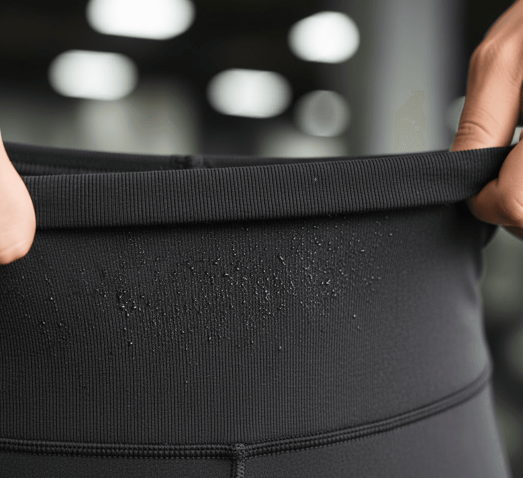 Close-up of black gym leggings fabric showing stretch and moisture-wicking texture.