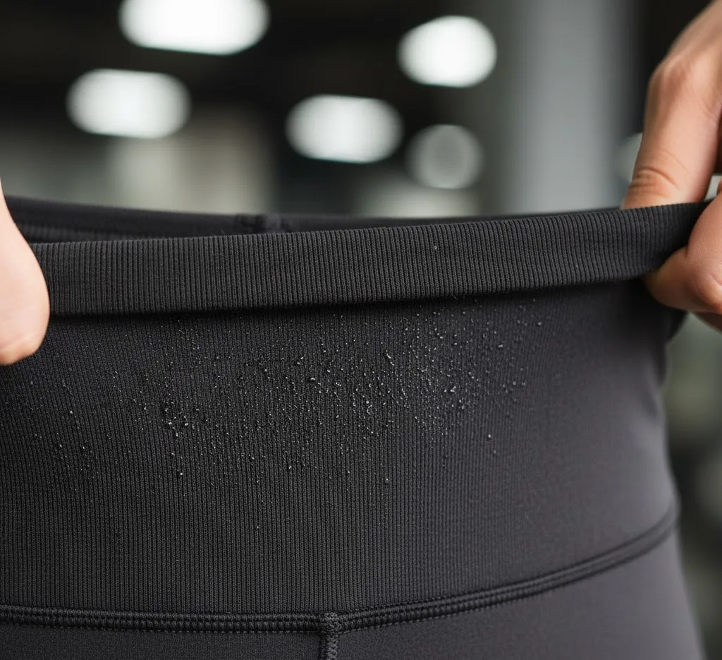 Close-up of black gym leggings fabric showing stretch and moisture-wicking texture.