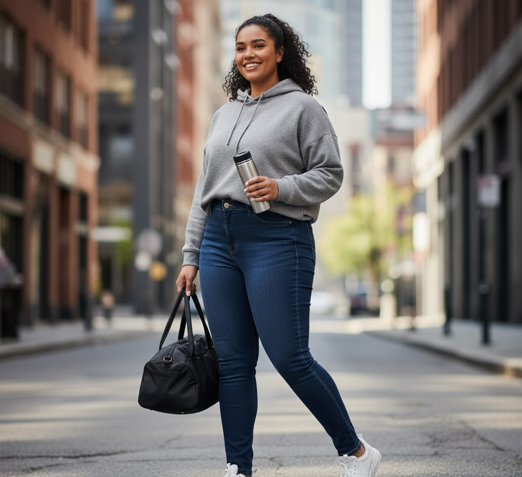 Stylish girl in blue curvy girls jeans, paired with a trendy hoodie and sneakers for a chic casual look.
