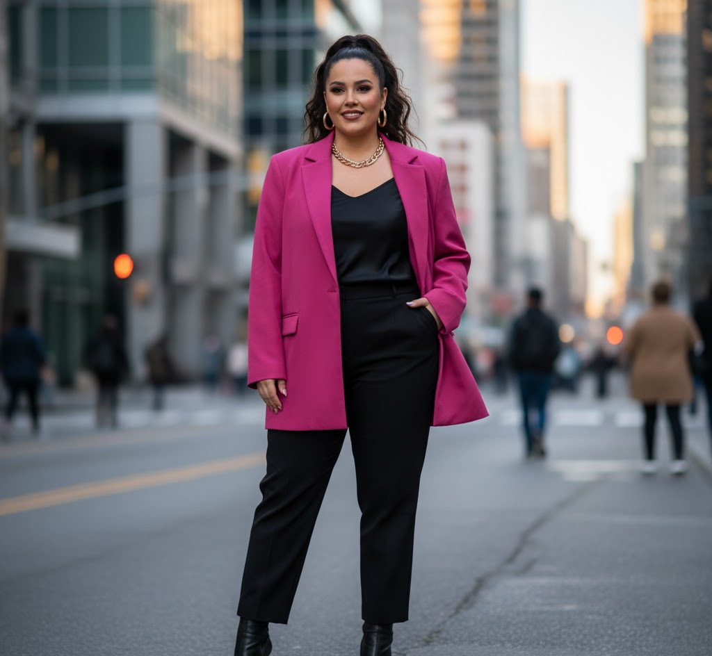 Confident woman wearing an oversized women plus size blazer in a modern city look
