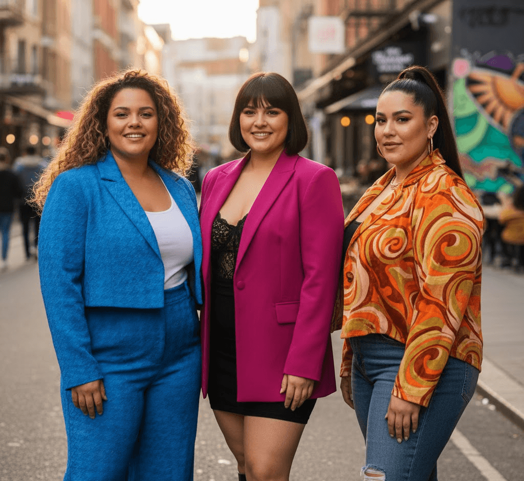 Cropped, bold, and patterned women plus size blazers on different models