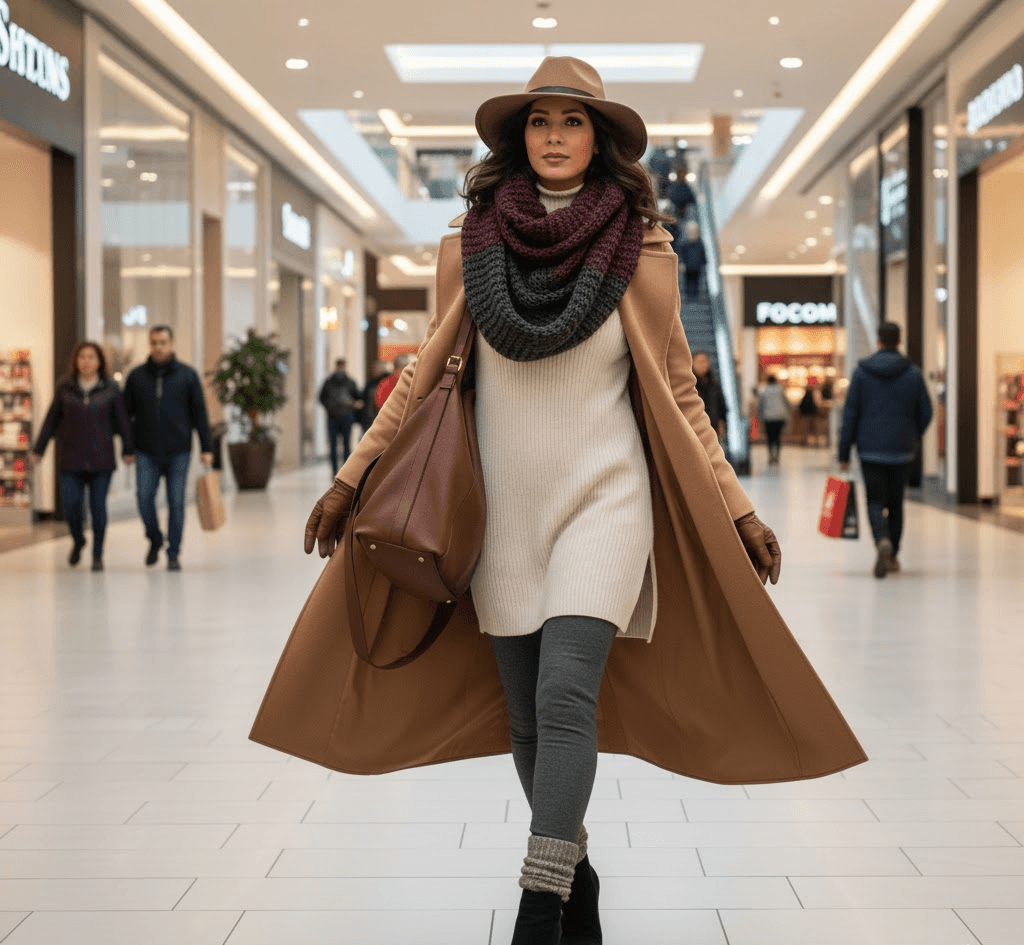 Woman wearing a stylish winter tunic with boots and coat