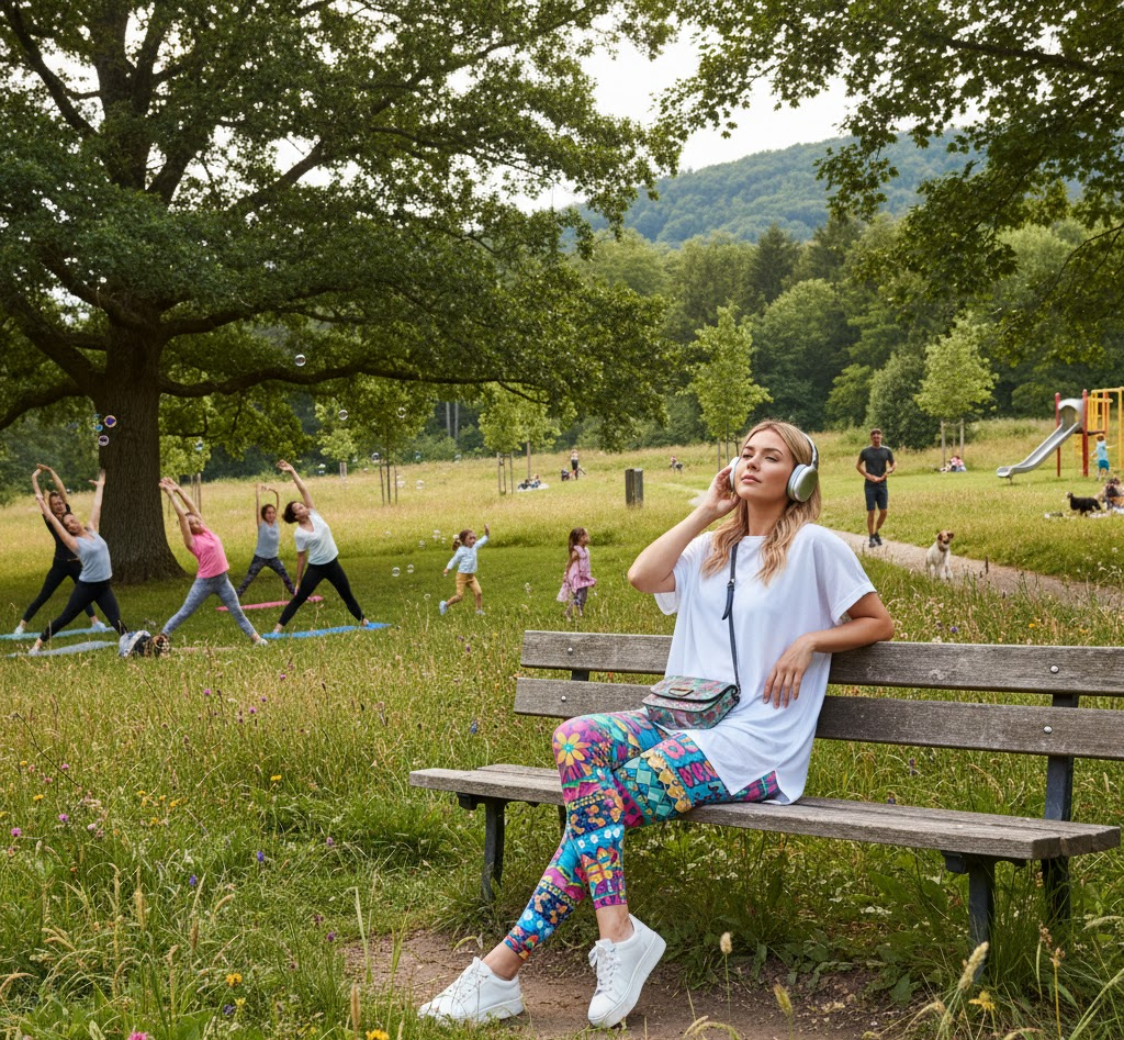 Woman wearing bold print leggings with neutral top and sneakers