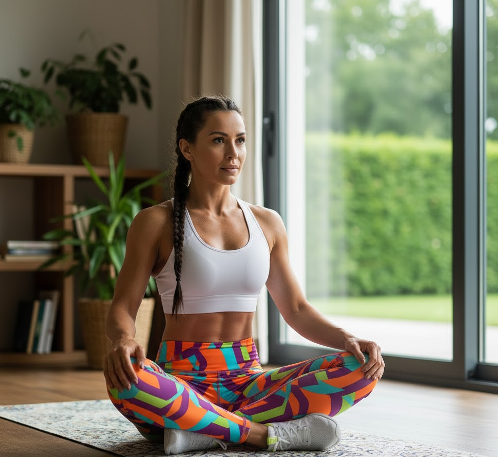 Woman stretching in yoga wearing geometric print leggings