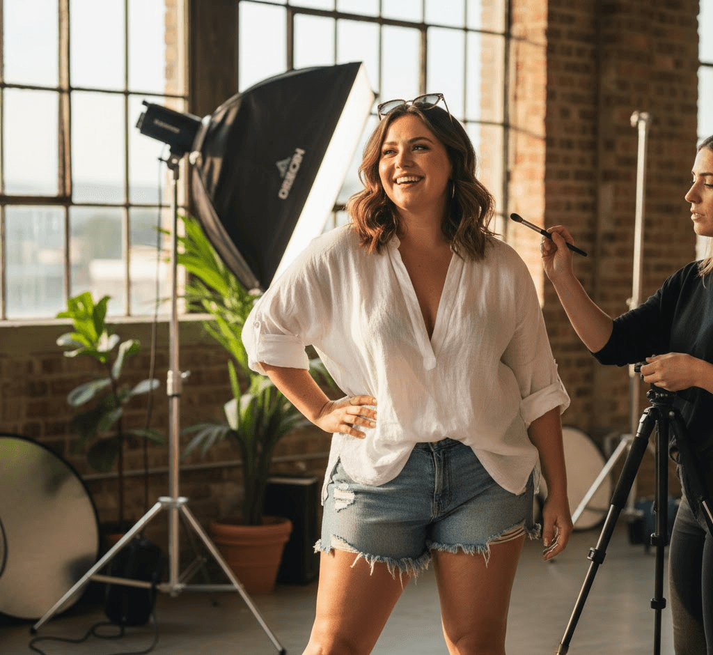 Woman wearing stylish plus size shorts and linen blouse outdoors